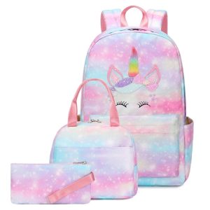 Kit Mochila Infantil Feminina Escolar Menina Grande Capacidade Impermeável com Lancheira Unicórnio