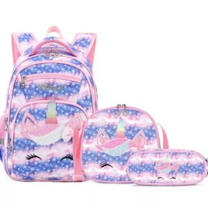 Kit Mochila Infantil Feminina Impermeável Reforçada com Lancheira Menina Grande + Estojo Unicórnio