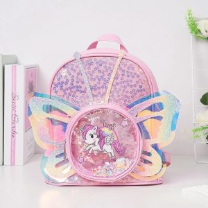 Mochila Escolar Infantil Menina Unicórnio e Borboleta - Tamanho Pequeno para Creche/ Passeios